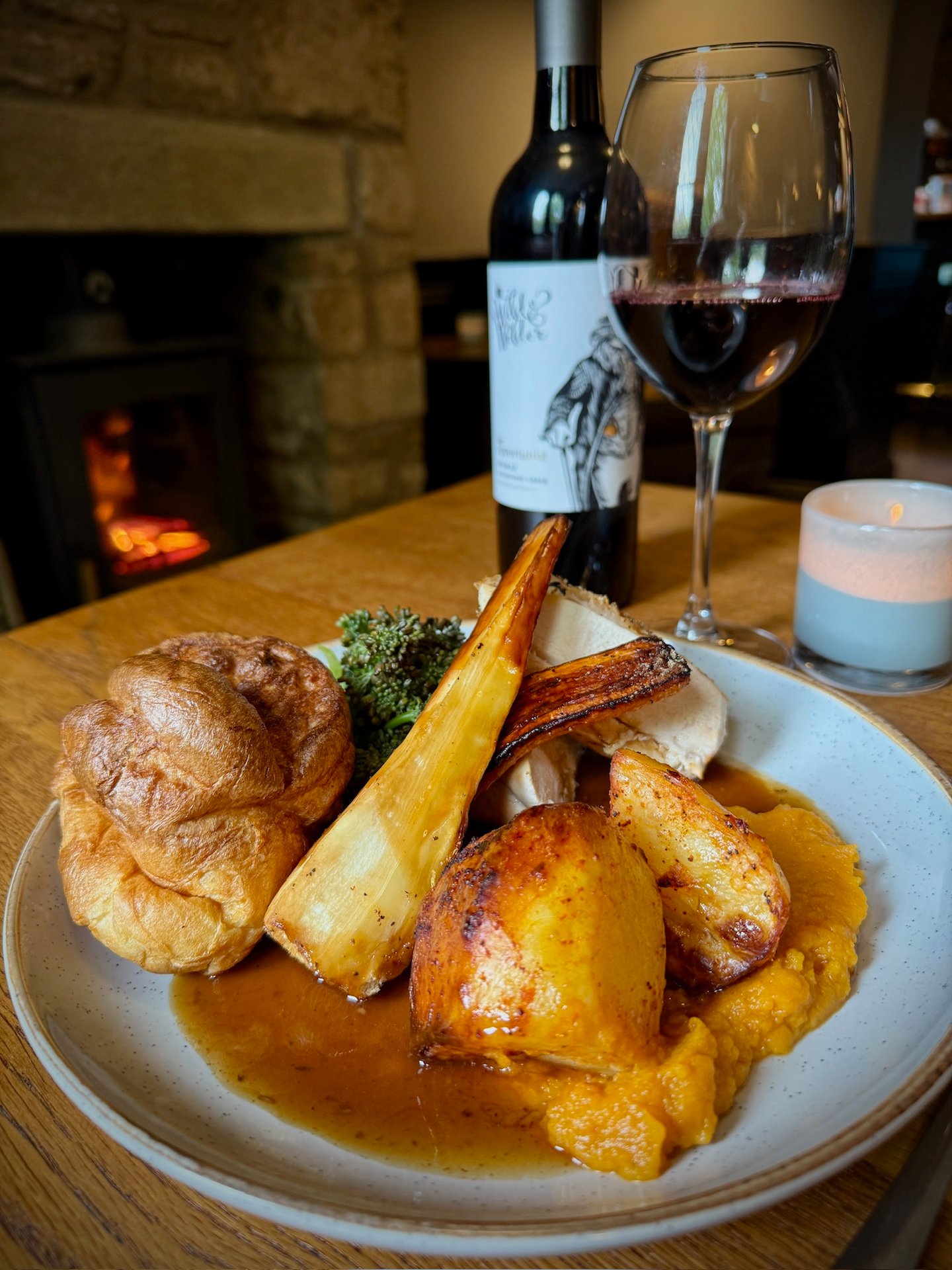 Sunday roast at The Hostelrie, served with bottomless family-style vegetables